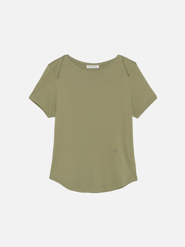 EMBROIDERED TRIM BOAT NECK TEE S/COTTON